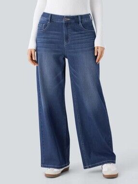 Halara Low Rise Zipper Pockets Washed Baggy Wide Leg Casual Jeans Large Petite